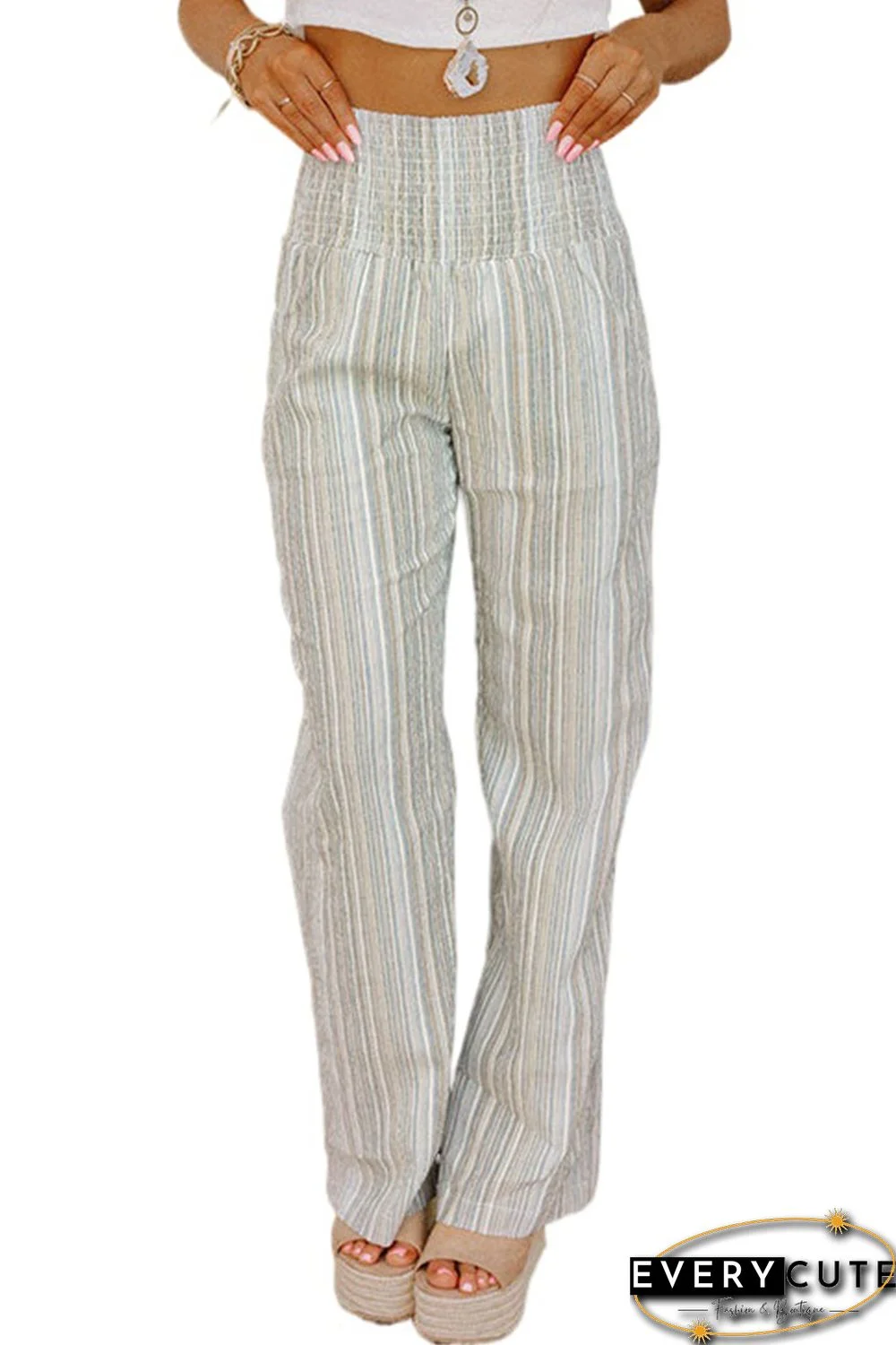 Smocked High Waist Stripe Pants