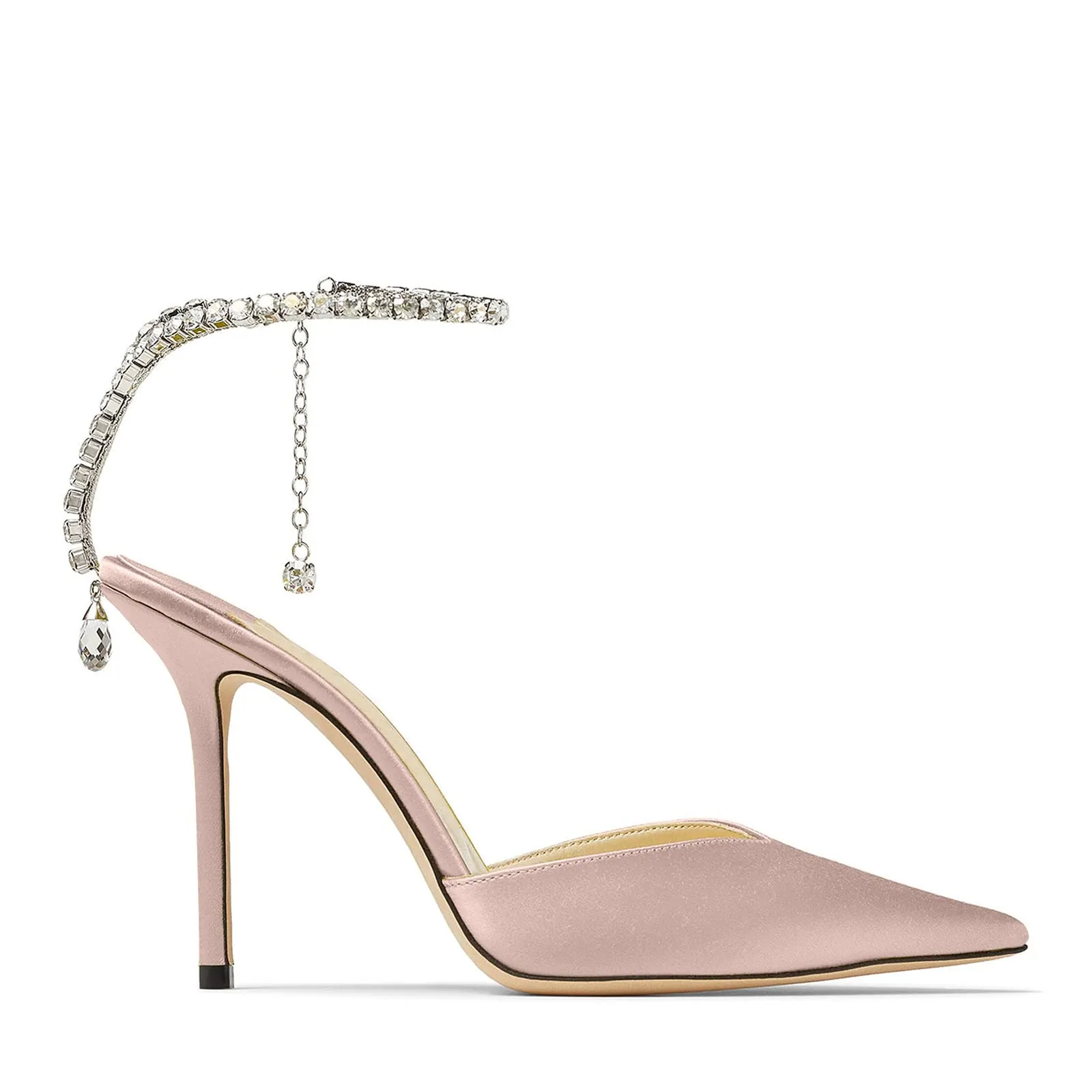 100mm Women's Sandals Crystal Chain Ankle Straps Rhinestones Buckle Heels Stiletto Satin Dress Shoes-vocosishoes
