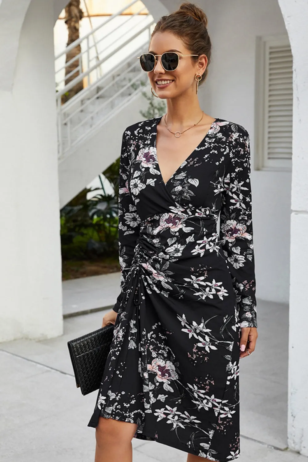 V-Neck Long Sleeve Floral Wrap Dress