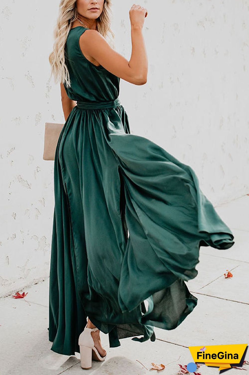 V Neck Sleeveless Slit Wrap Maxi Dress