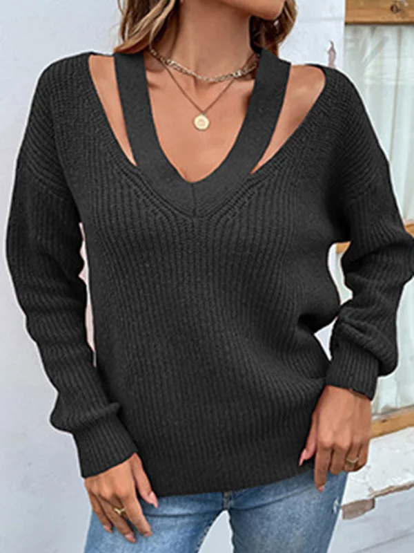 Stylish Loose Solid Color V-Neck Sweater Tops