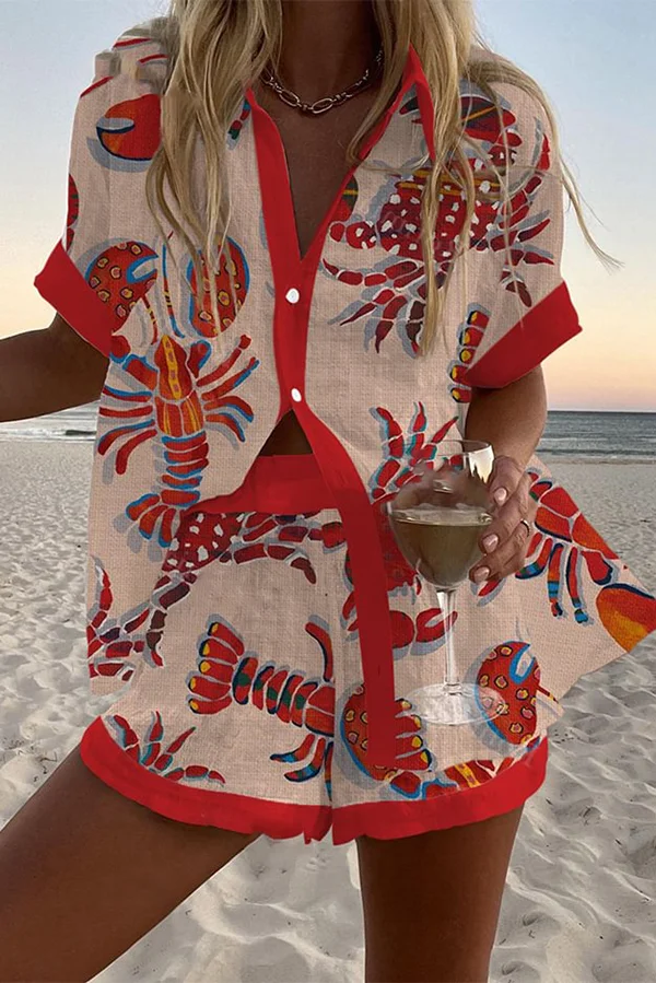 Lobster and Crab Print Loose Button Elastic Waist Shorts Set