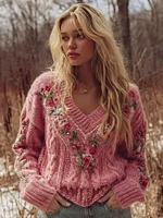 Women's Vintage Boho Roses Art Chunky Knit Cozy Sweater