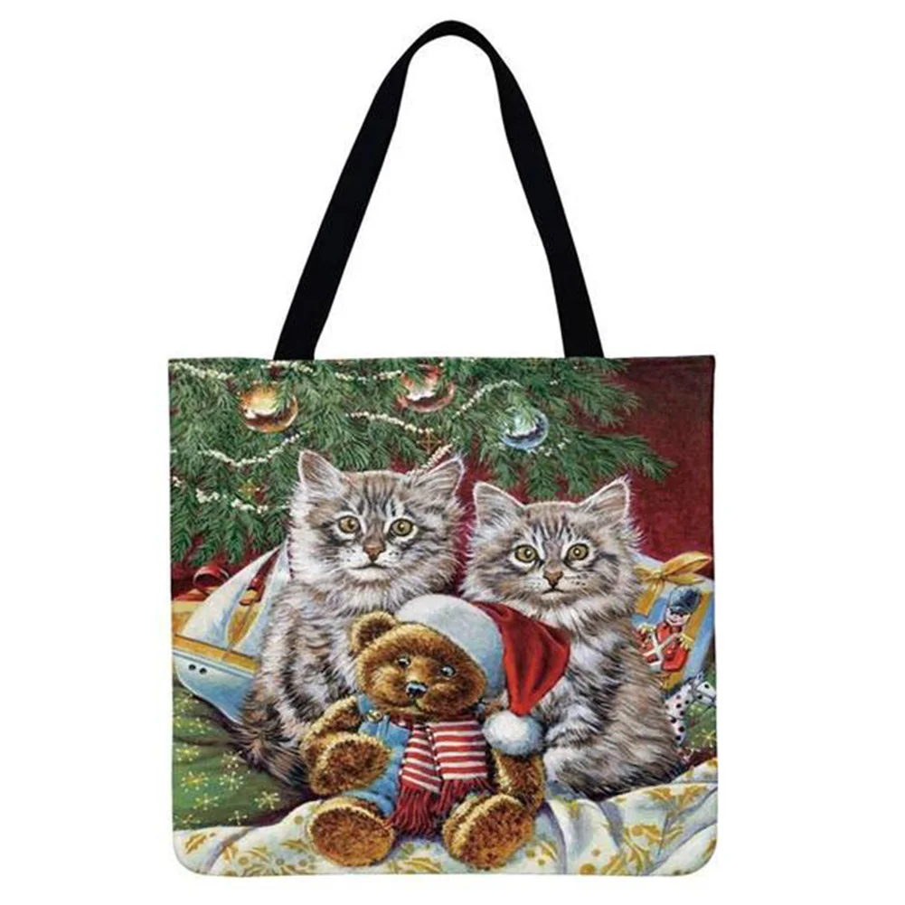 Linen Tote Bag-Christmas cats
