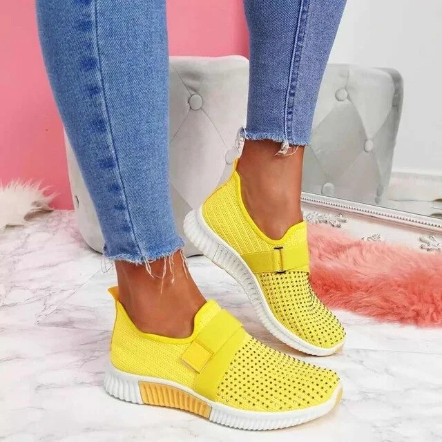 Women Casual Sneakers New Bling Rhinestone Ladies Shoes Slip On Comfortable Sole Running Walking Shoes Female Flat Mesh Shoes