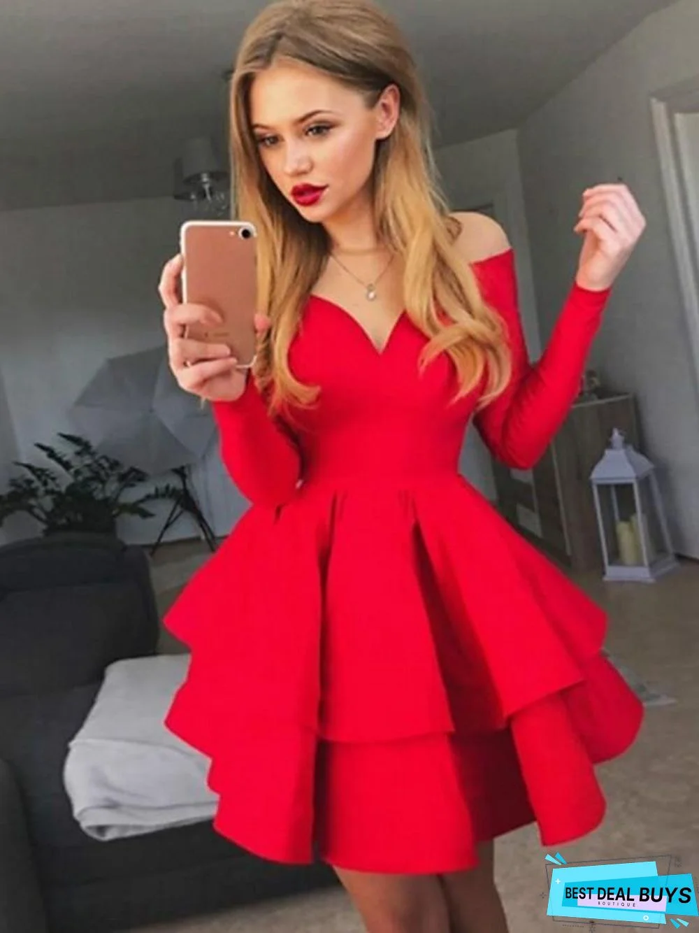 Women's Prom Dress A-Line Dress Short Mini Dress - Long Sleeve Solid Colored Layered Spring Fall Off Shoulder Hot Sexy Going out White Black Red White Dresses