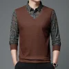 Men's Fake Two Piece Wool Silk Slim Fit Plaid Shirt