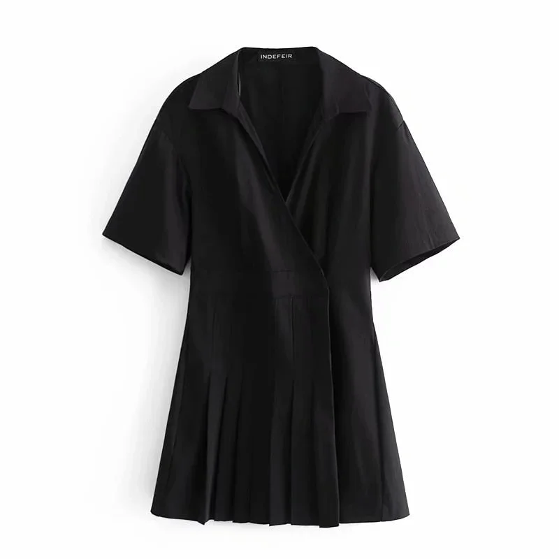 Za Women's Dresses Poplin Mini Dress Black Short Sleeves High Waist Casual Pleated Vestidos Mujer Solid Femme Robes V neck trf