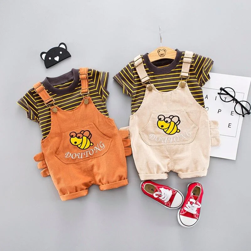 Casual Boys Clothing Set Baby 2pieces/Set Clothing Striepd T-Shirt + Short Overalls Infant Outfits Set Baby Clothes Suit