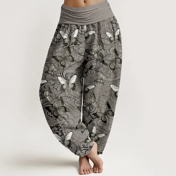 Cotton Gray Black Butterfly Striped Women's Elastic Waist Harem Pants