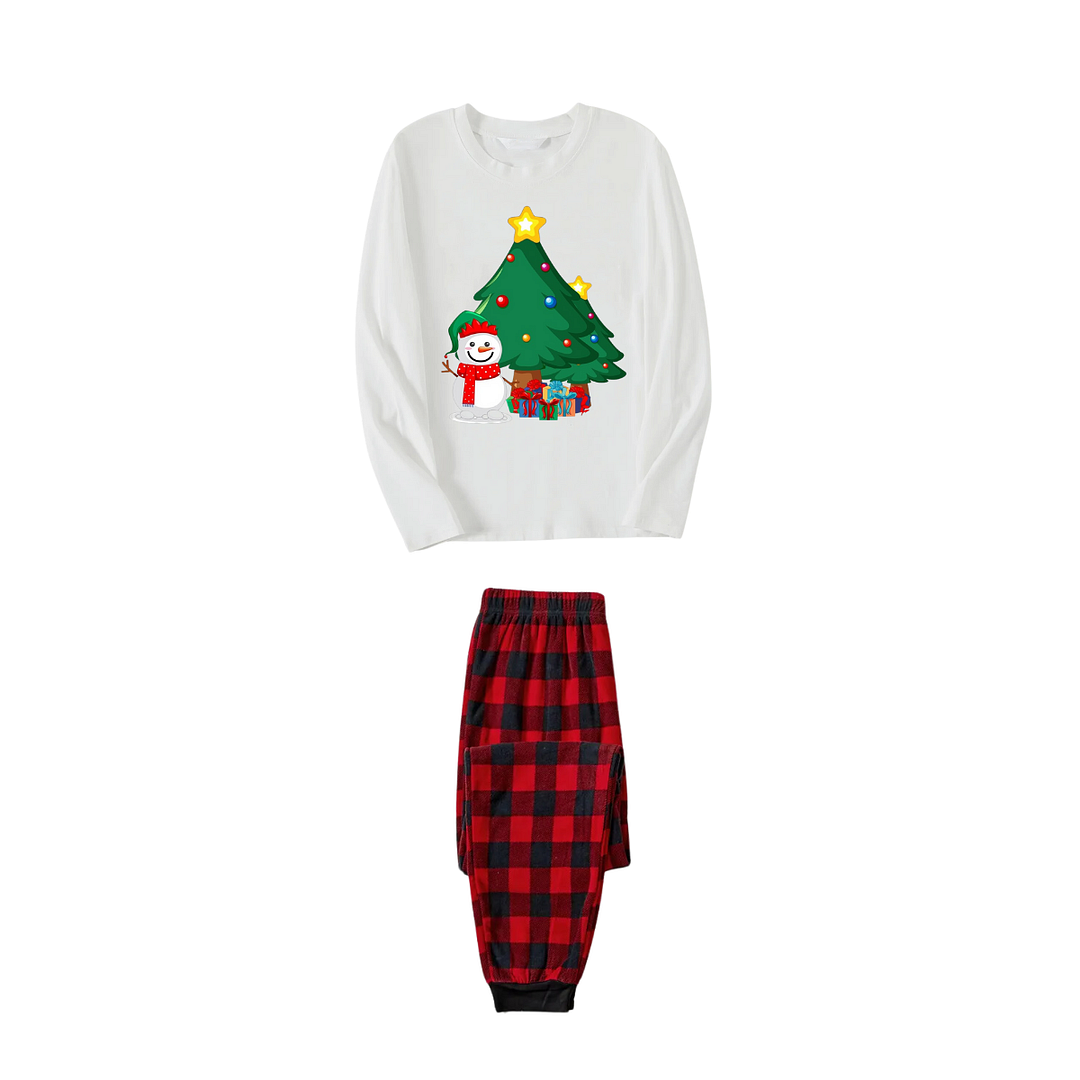 Christmas Tree And Smiling Snowman with Gift Pattern White Long Sleeve Top with Red & Black Plaid Pants Family Matching Pajamas