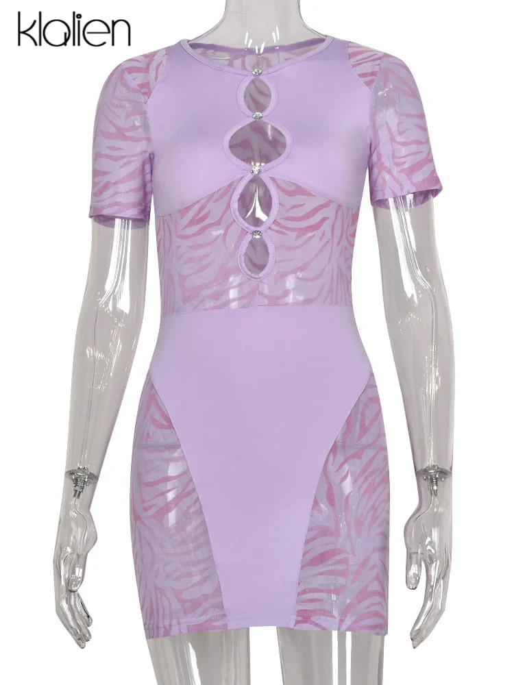 KLALIEN Cut Out Sexy Zebra Mesh Transparent Women's Mini Dress for Beach Holiday Night Club Party Bodycon Pencil Short Dresses