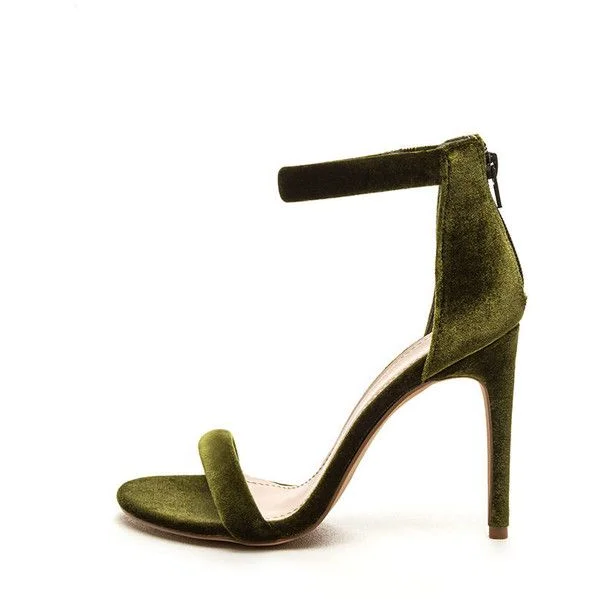Olive Green Velvet Stiletto Heels Ankle Strap Summer Sandals |FSJ Shoes