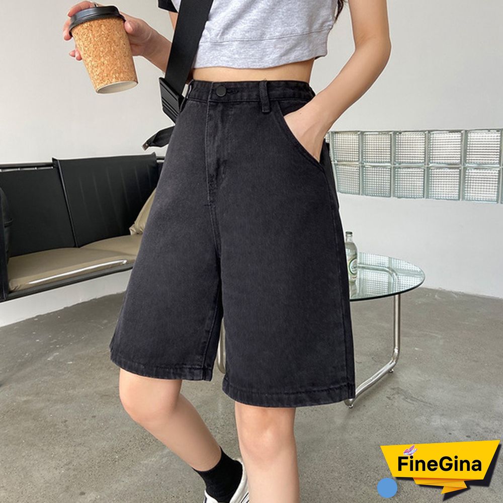 New Summer Women High Waist Wide Leg Black Denim Shorts Casual Female Loose Straight Button Jeans Bermuda Shorts