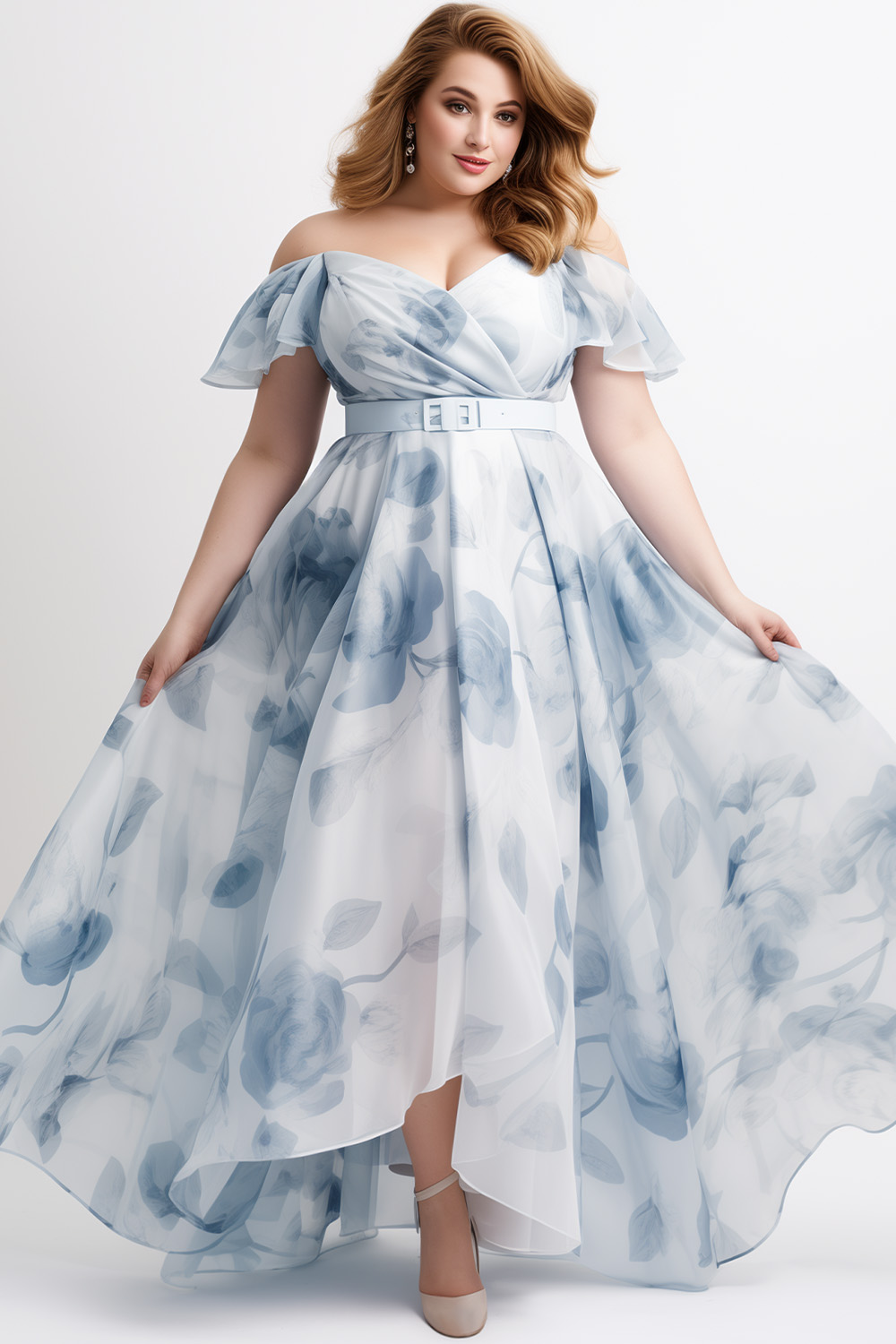 Flycurvy Plus Size Wedding Guest Light Blue Organza Floral Print Off The Shoulder Belt Maxi Dress 2024 - Flycurvy 
