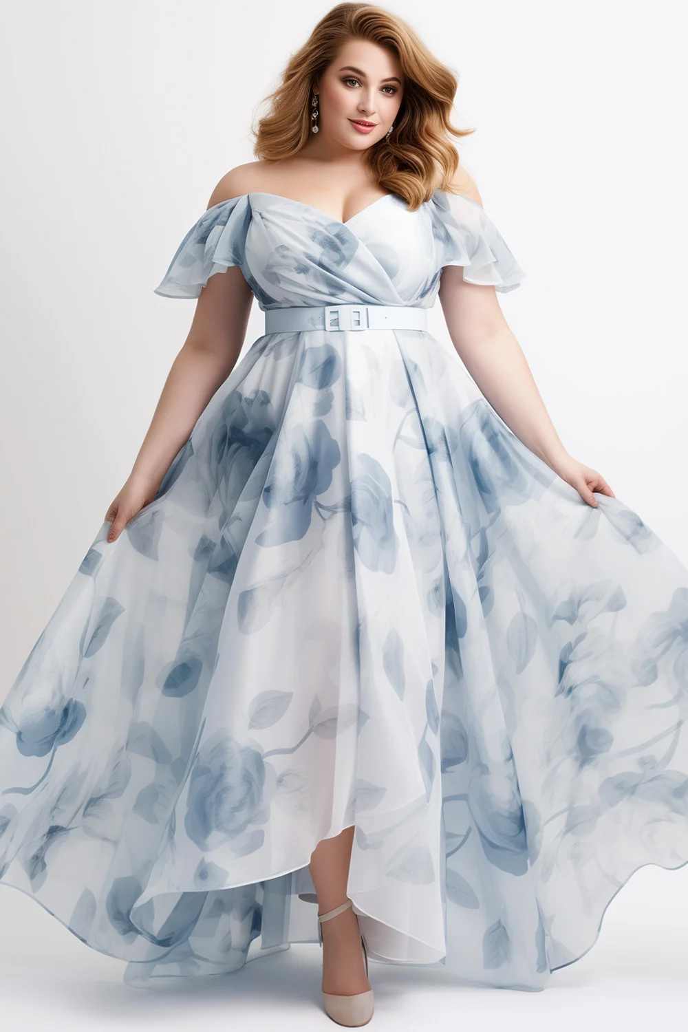 Flycurvy Plus Size Wedding Guest Light Blue Organza Floral Print Off The Shoulder Belt Maxi Dress