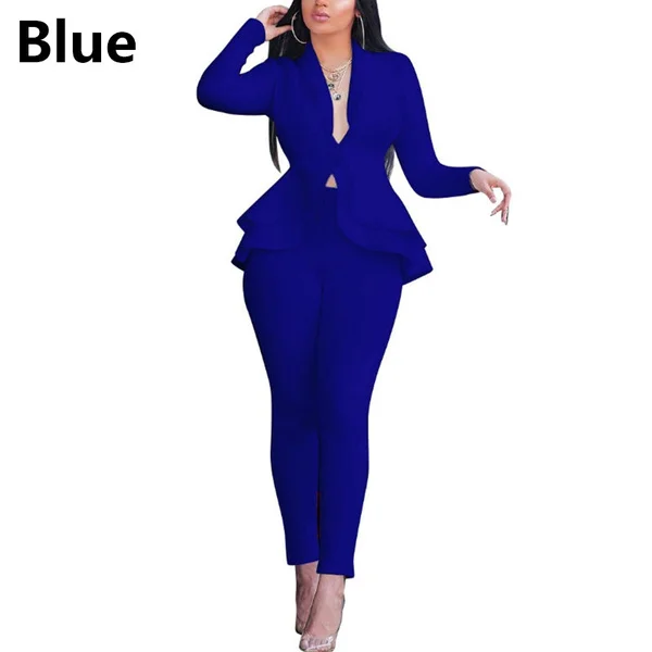 Women's Formal Work Blazer Suit Set Office Outfits Business Jacket Pants Ruffle Solid Color