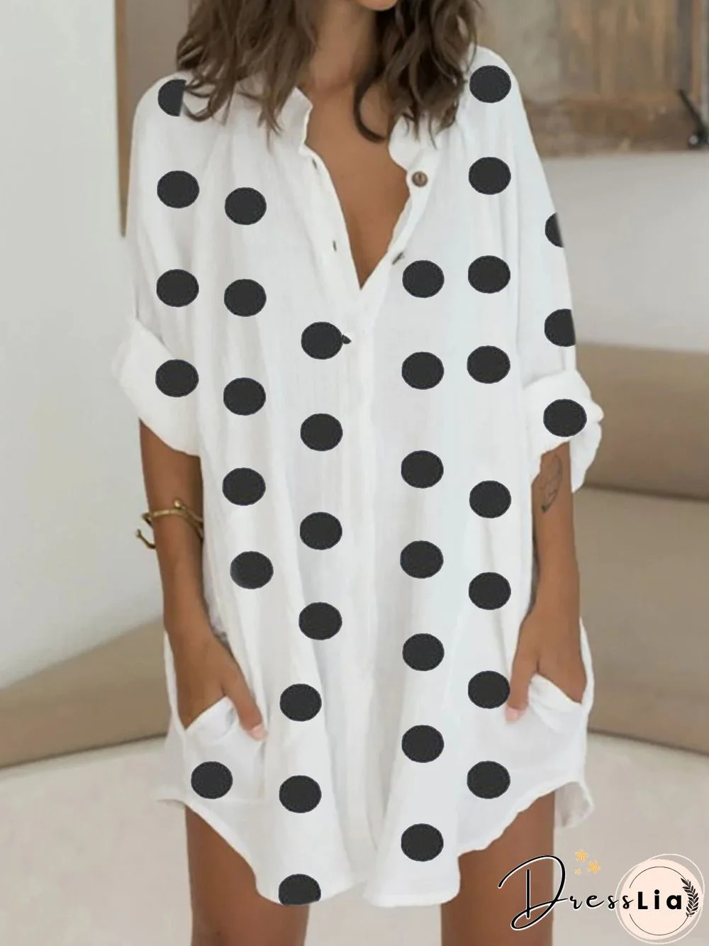 Women'S Dresses Polka Dot Print Shirt Collar Pocket Dress