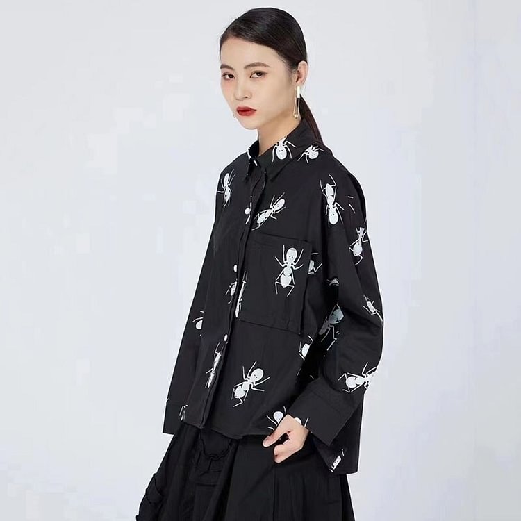 Casual Loose Lapel Contrast Color Ant Printed Long Sleeve Shirt    