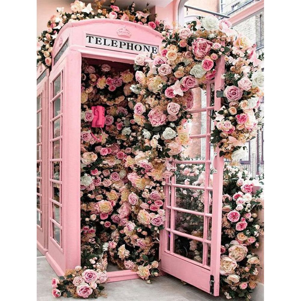 British style rose pink telephone booth - Full Round - Diamond Painting (30*40cm)