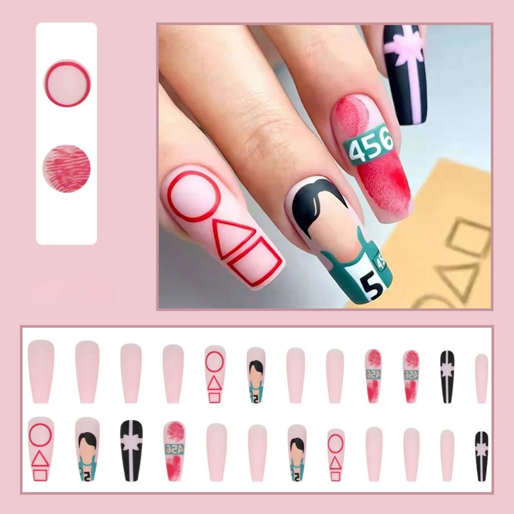 Long Coffin False Nails Grimace Pink French Ballerina Fake Nails Lady Full Cover Nail Tips Women Heart Lattice Press On Nails