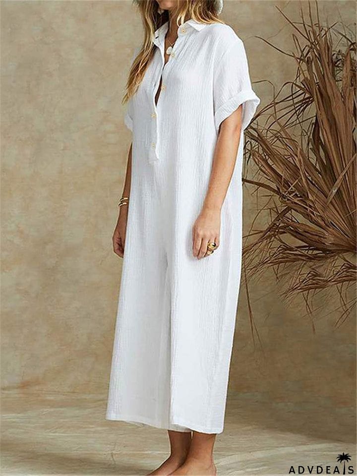 Straight Silhouette Spread Collar Soft Cotton Front Button Cropped Jumpsuit