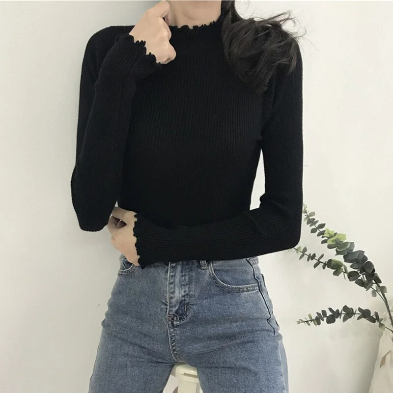 Turtleneck Ruched Women Sweater High Elastic Solid 2021 Fall Winter Fashion Sweater Women Slim Sexy Knitted Pullovers Pink White