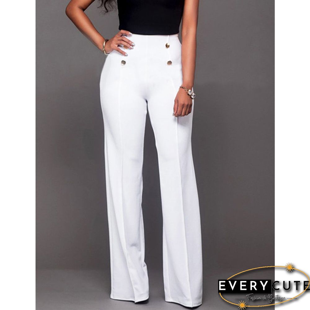 White Button Detail Casual Flare Pants