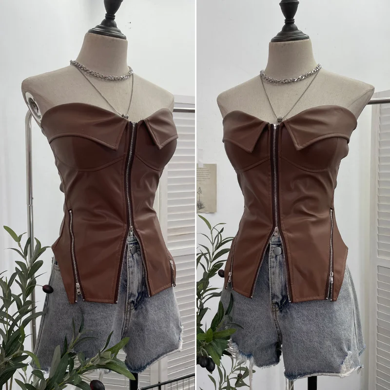 Uveng Real Shooting Hottie Retro Tender With Chest Pad Wrapped Bra Zipper Design Smear Bra Vest Short Sleeveless Top 8968