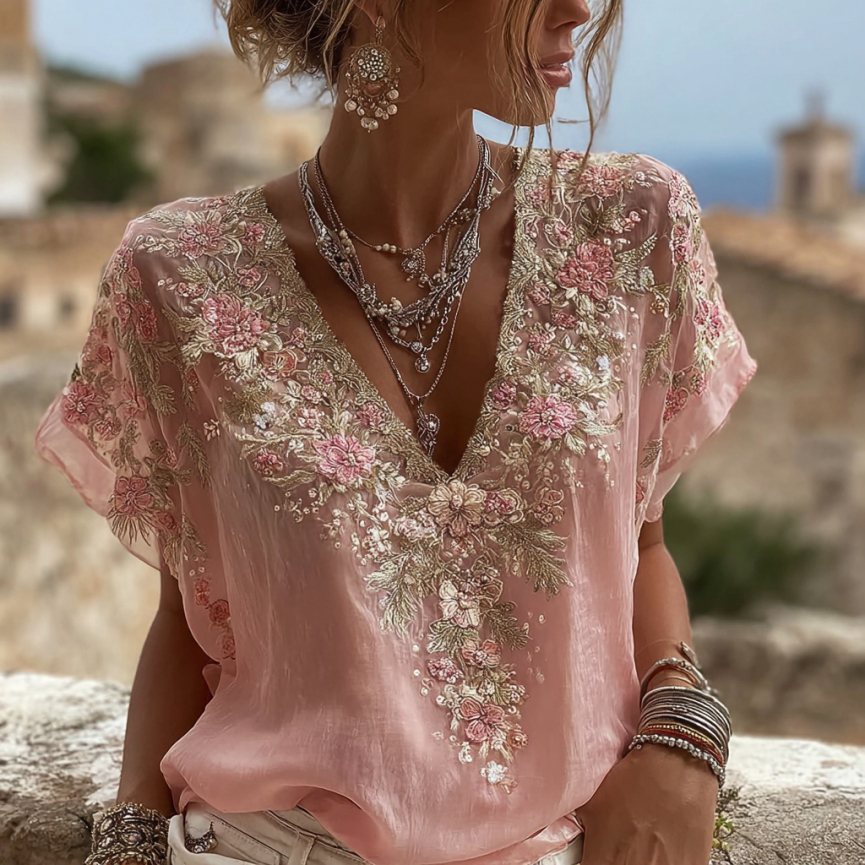 Women's Vintage Floral Embroidered Art V-neck Short Sleeve Linen Blend T-shirt wearshes