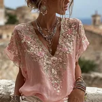 Women's Vintage Floral Embroidered Art V-neck Short Sleeve Linen Blend T-shirt - Image 2