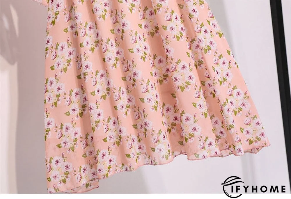 Spring Summer Chiffon Women V-Neck Floral Print Short Dresses Sweet Ruffle Sleeeve Slim Drawstring Ladies Dress | IFYHOME