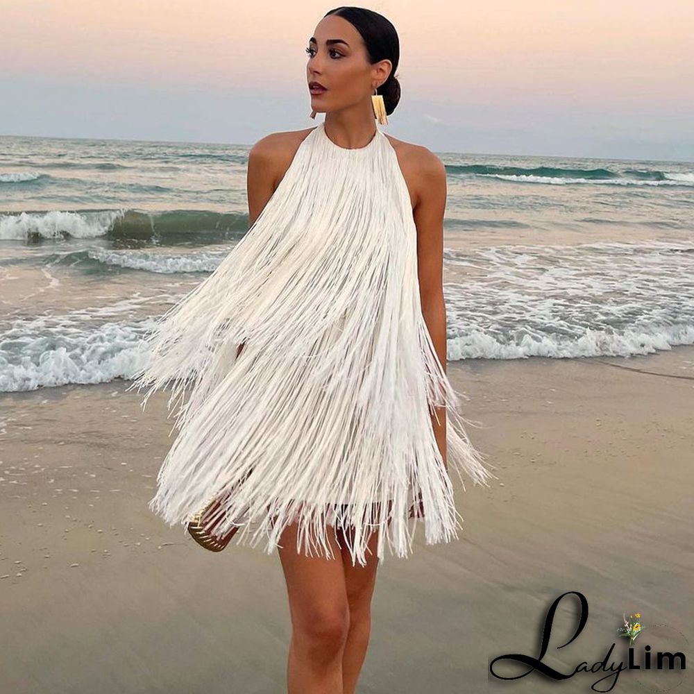 Backless Halter Tassel Mini Dress