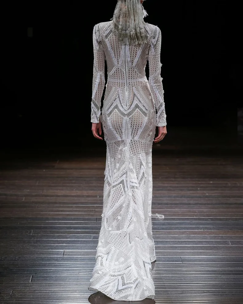 White 3D embroidery V-neck lace maxi dress