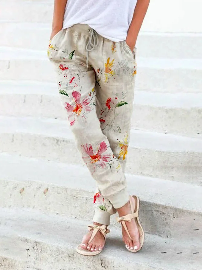 Casual Floral Autumn Polyester Natural Lightweight Loose Straight pants Regular Size Casual Pants for Women
