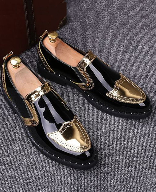 Business Pointed Toe Patent Leather Colorblock Loafer Shoes