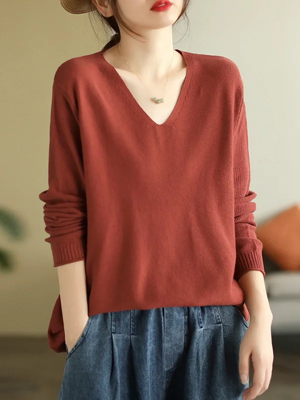Long Sleeves Roomy Pure Color V-Neck Sweater Tops