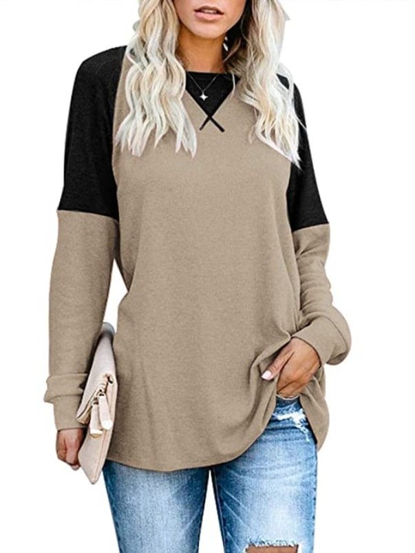 Woherb Autumn Patchwork Long Sleeved T-Shirt Fashion Loose Casual Top Women Oversized Tunic Round Neck Tee Shirt Pullovers Femme