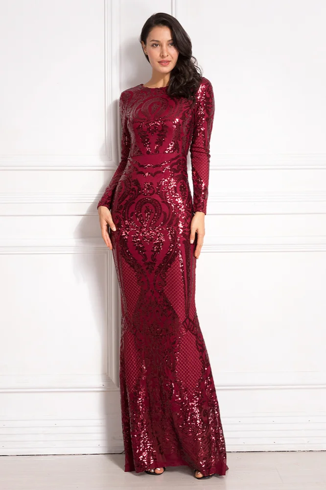 burgundy long sleeve sequins mermaid prom dress