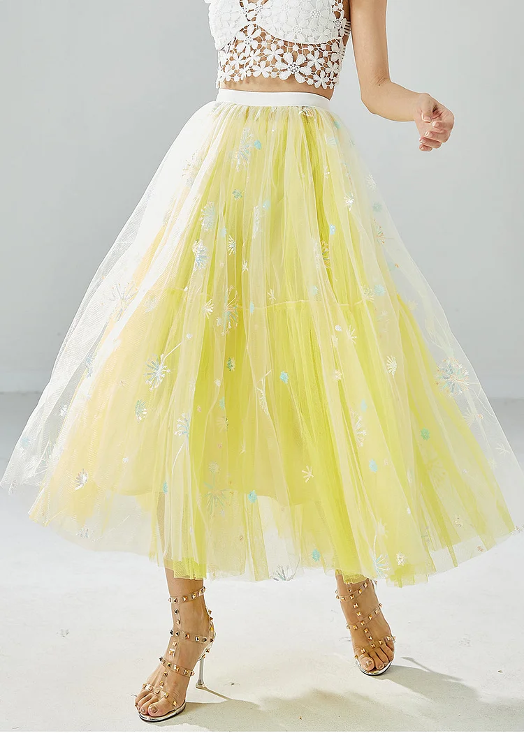 Chic Yellow Dandelion Embroideried Wear On Both Sides Tulle Skirts Summer