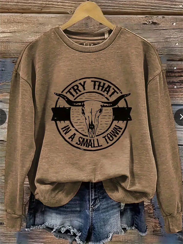 Cow Skull & Letter Print Pullover Sweatshirt wearshes