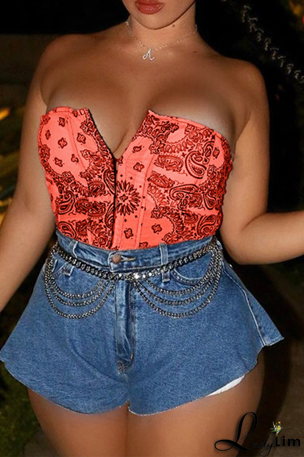 Red Sexy Print Split Joint Strapless Mid Waist Tops