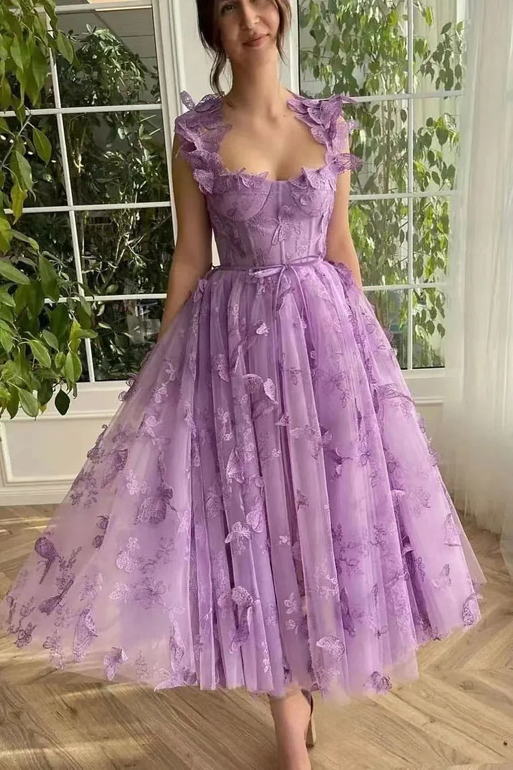 Wedding Purple Tulle 3D Lace Butterfly Square Neck Slit Midi Dress
