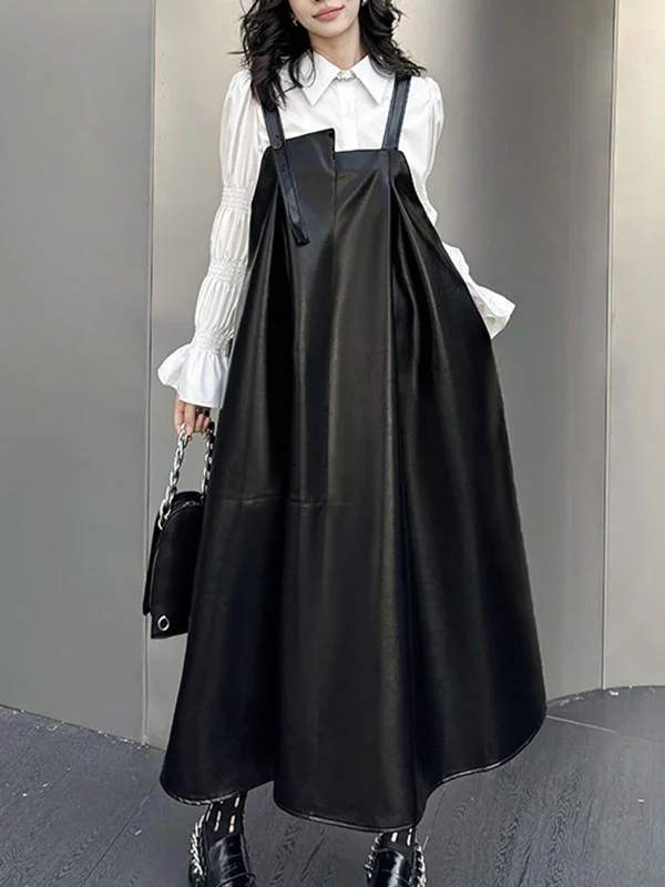 A-Line Loose Asymmetric Pleated Solid Color Split-Joint Square-Neck Midi Dresses Slip Dress