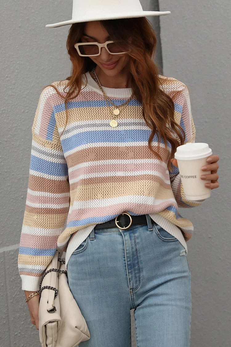 Crew Neck Striped Knitted Sweater Top