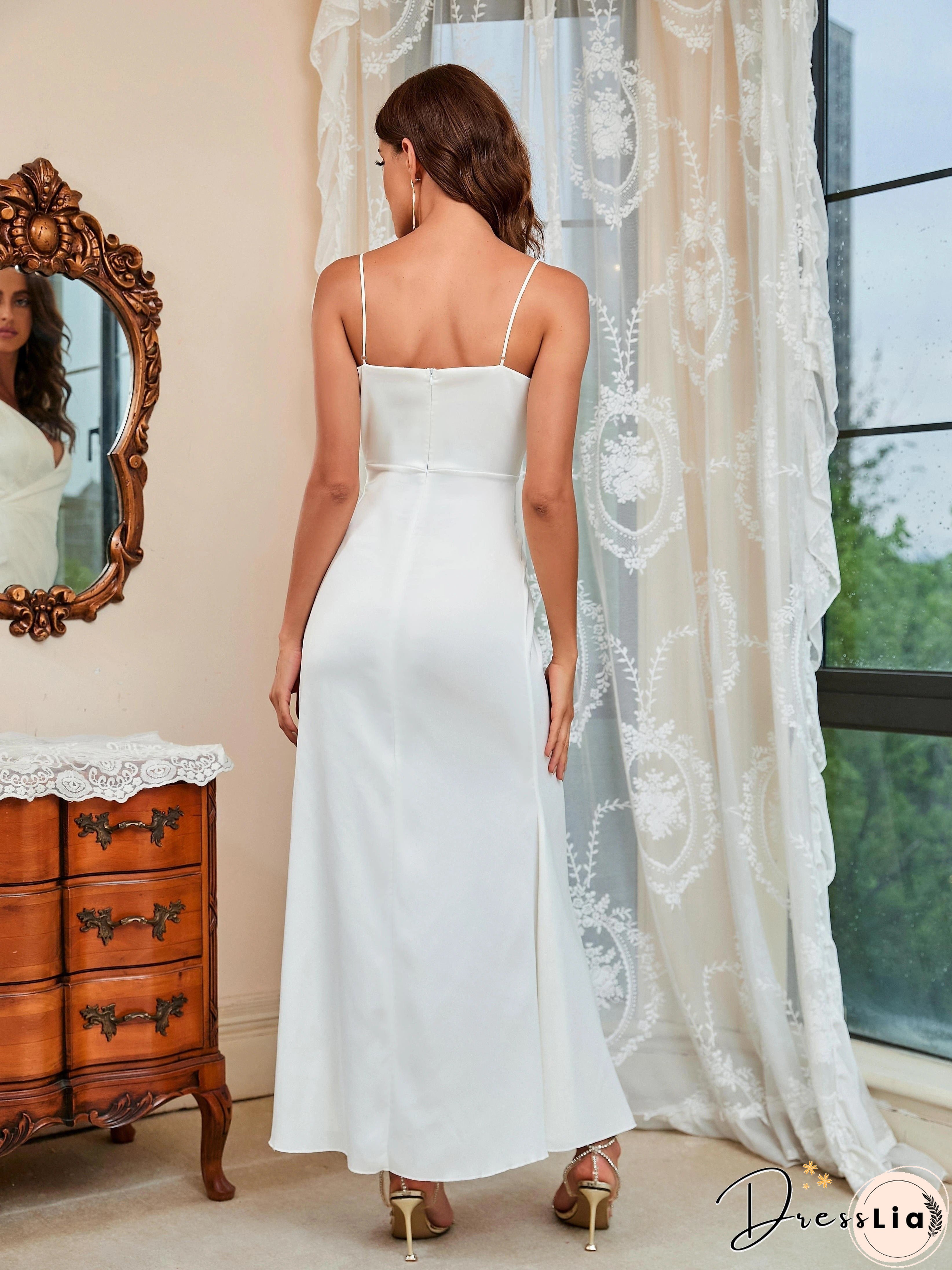 Solid Neck Suspender Dress-Elegant Sleeveless Split Maxi For Party Banquet Womens