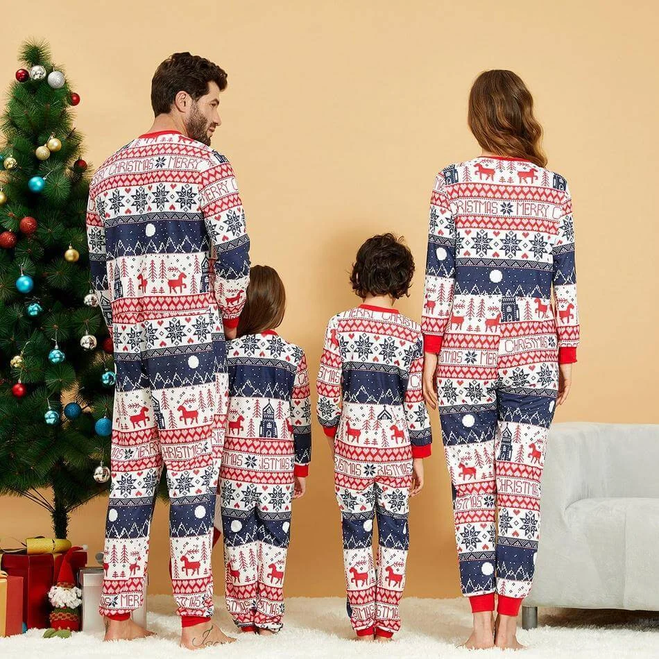Christmas Reindeer Snowflake Geometric Print Family Matching Onesie Pajamas