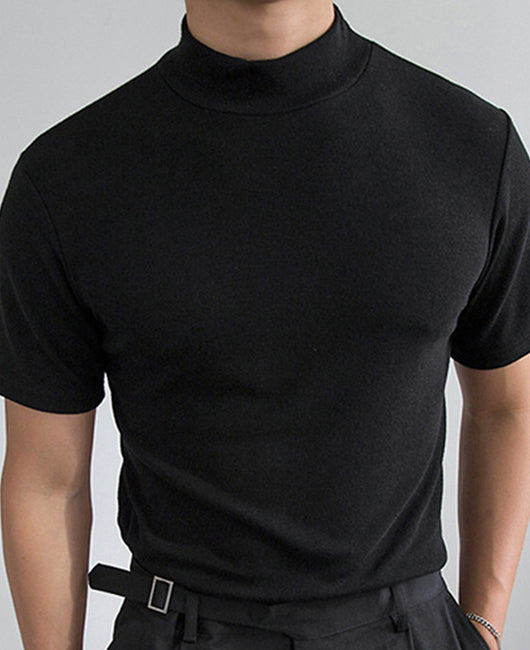 Casual Plain Turtleneck High Stretch Short Sleeve Slim Fit Top