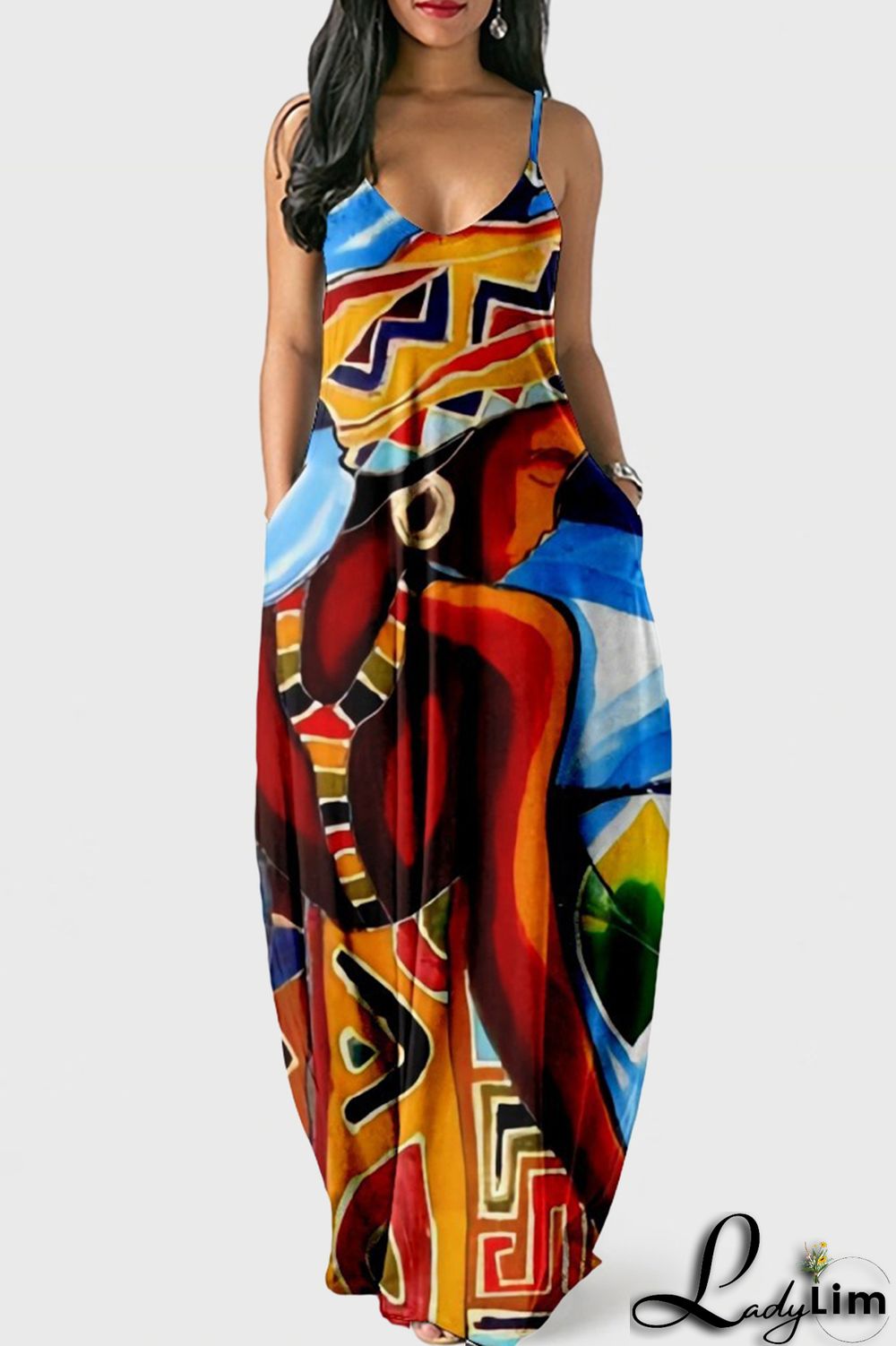 White Blue Fashion Sexy Print Backless Spaghetti Strap Long Dress