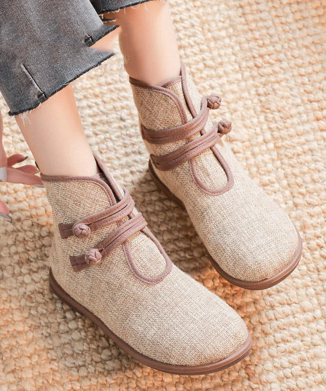 Elegant Buckle Strap Ankle Boots Khaki Comfy Cotton Fabric